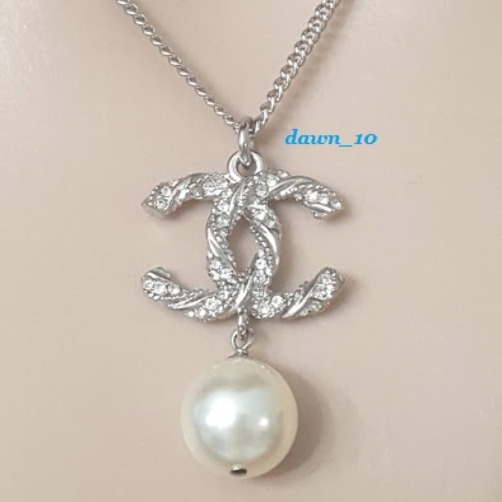 Chanel Crystal CC Pearl Drop Necklace, Silver